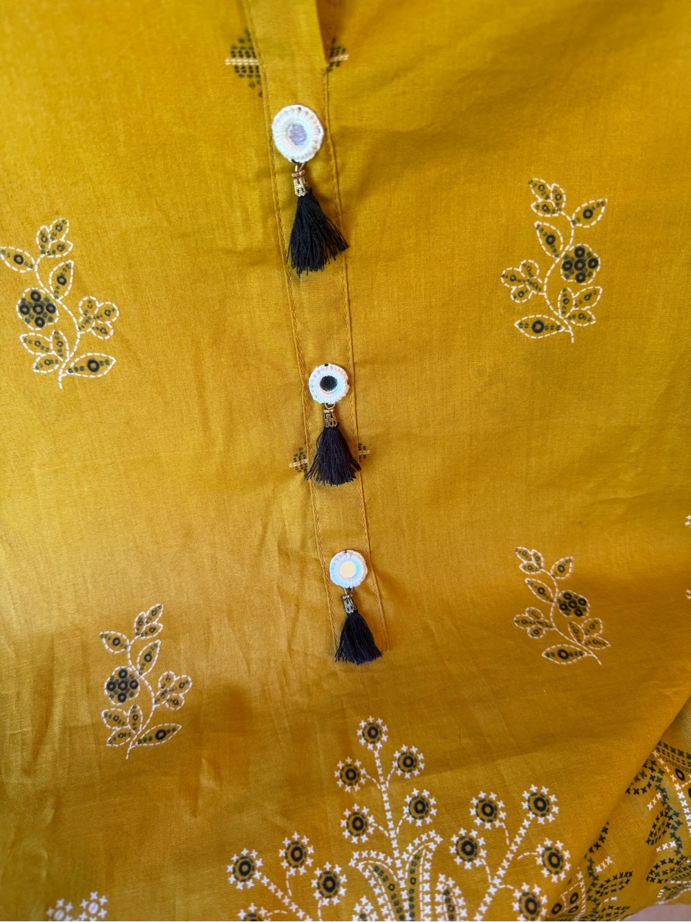 Lightweight Summer Mustard Yellow Kurta w/Tassel & Mirror Accent / Tunic / Lawn - Picture 3 of 10
